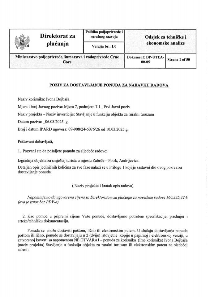 Poziv za dostavljanje ponuda za radove