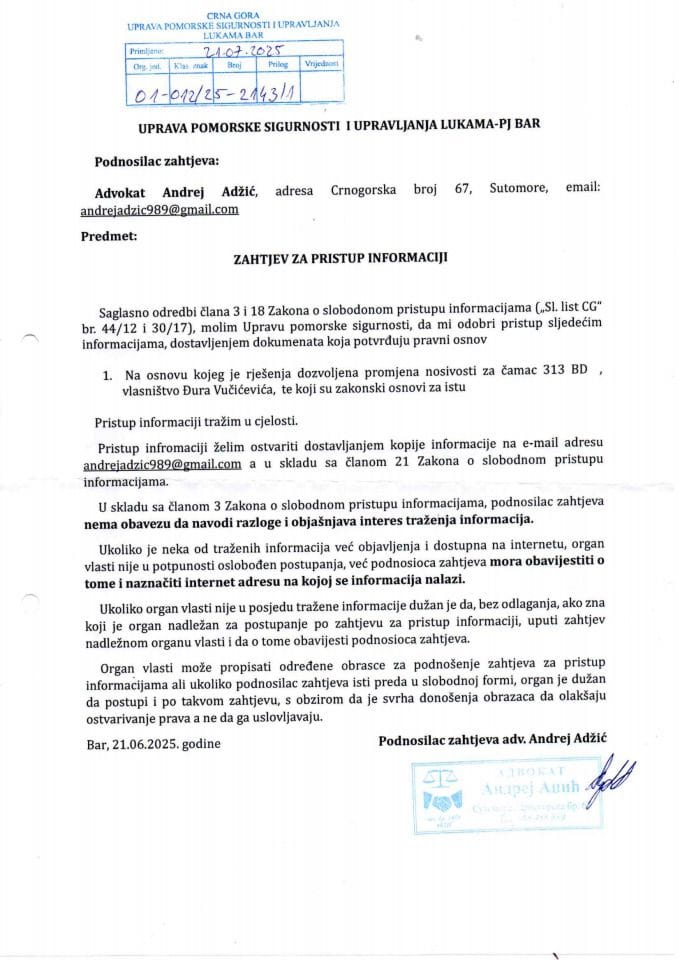 Zahtjev br.01-012-25-2143-1 od 21.7.2025. Advokat Andrej Adžić, odgovor Tehnickog inspektorata i Rjesenje o SPI 