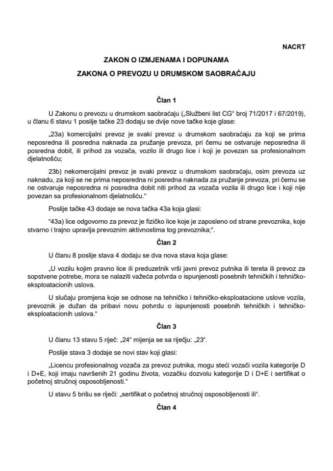 Nacrt zakona o izmjenama i dopunama Zakona o prevozu u drumskom saobraćaju  06 08 2025