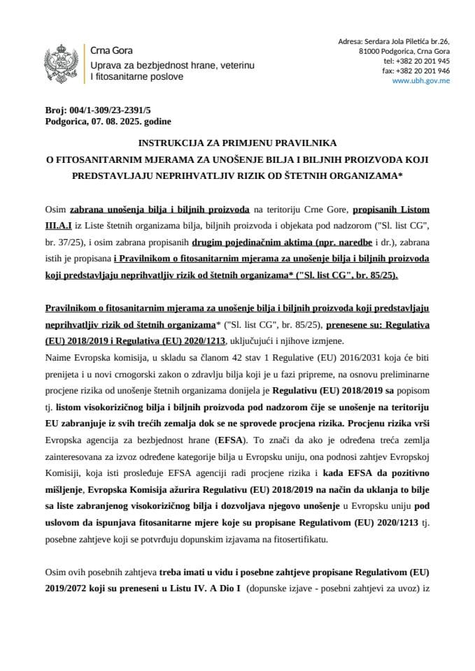 Instrukcija za primjenu pravilnika o fitosanitarnim mjerama za unošenje bilja i biljnih proizvoda koji predstavljaju neprihvatljiv rizik od štetnih organizama