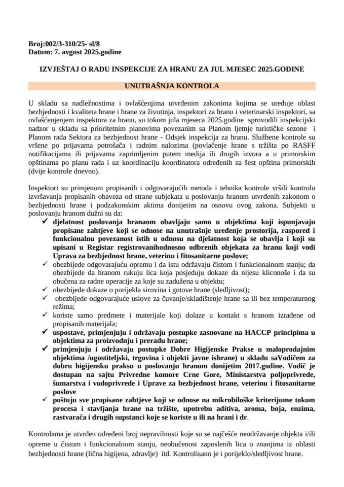 Izvještaj o radu inspekcije za hranu - jul 2025.