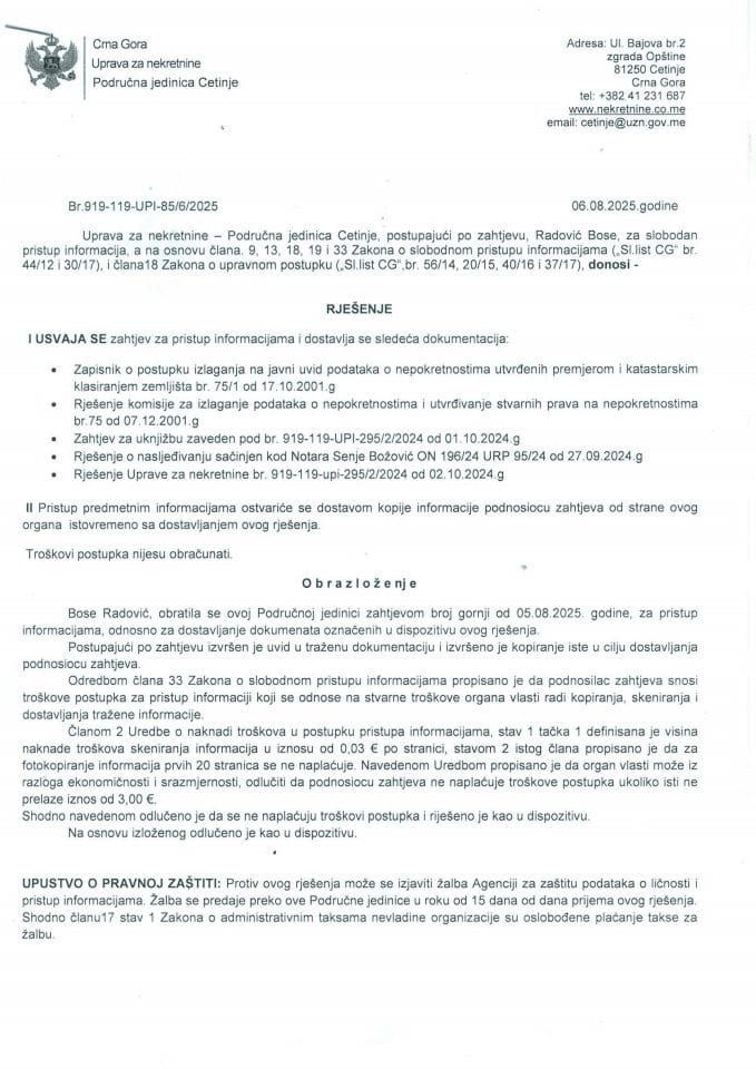 Rješenja o slobodnom pristupu informacijama - 11.08.2025.