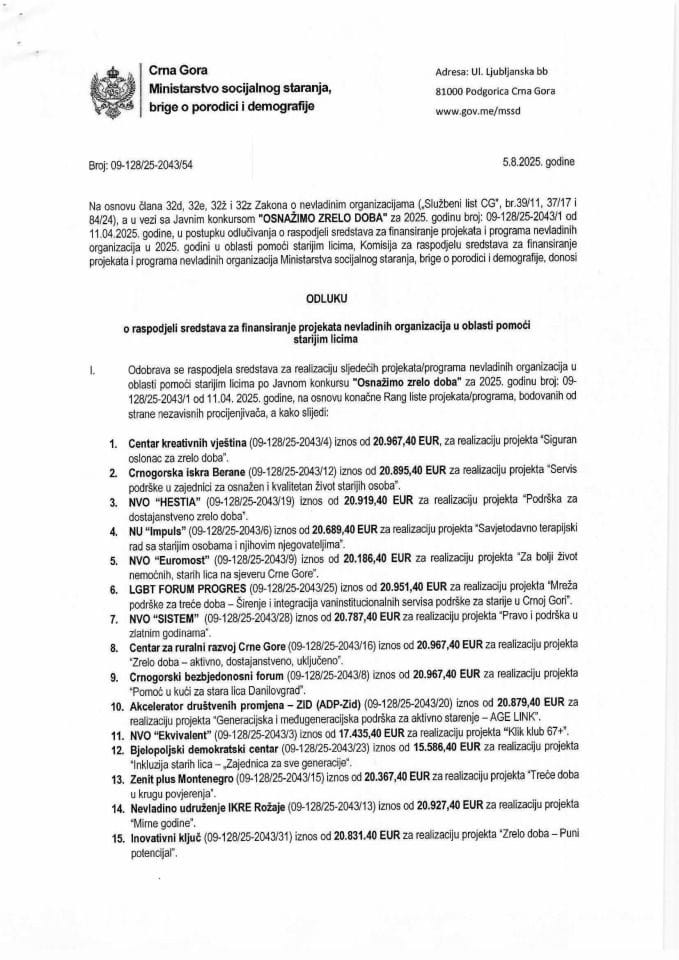 Одлука о расподјели средстава за финансирање пројеката НВО у области помоћи старијим лицима