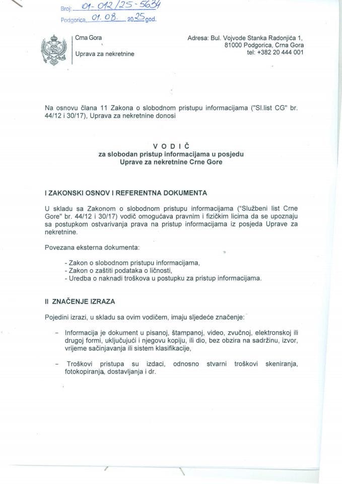 Vodič za slobodan pristup informacijama u posjedu Uprave za nekretnine Crne Gore