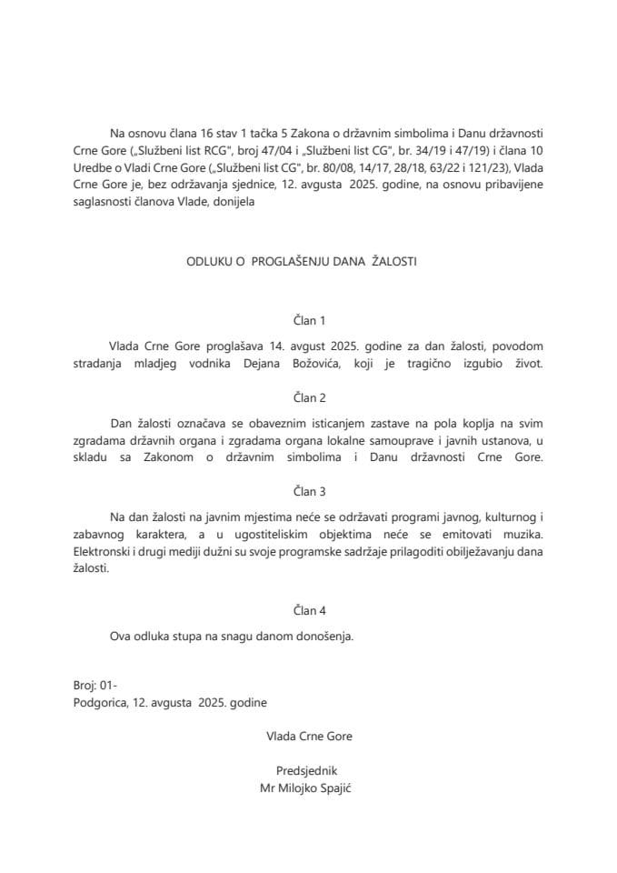 Predlog odluke o proglašenju dana žalosti