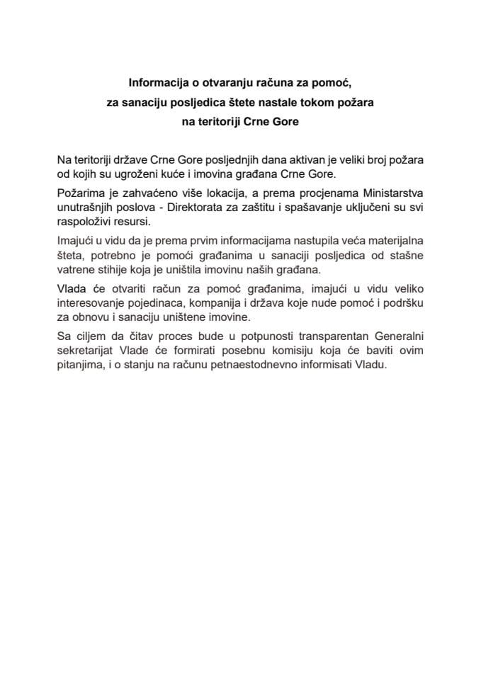 Informacija o otvaranju računa za pomoć, za sanaciju posljedica štete nastale tokom požara na teritoriji Crne Gore