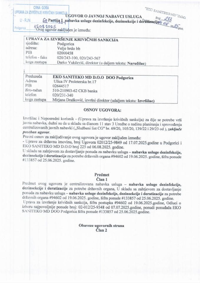 Ugovor -dezinfekcija, dezinsekcija i deratizacija