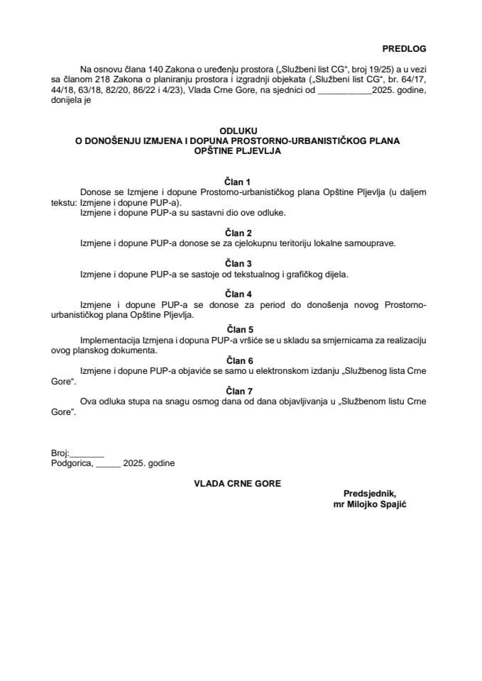 Predlogu odluke o donošenju izmjena i dopuna Prostorno – urbanističkog plana Opštine Pljevlja