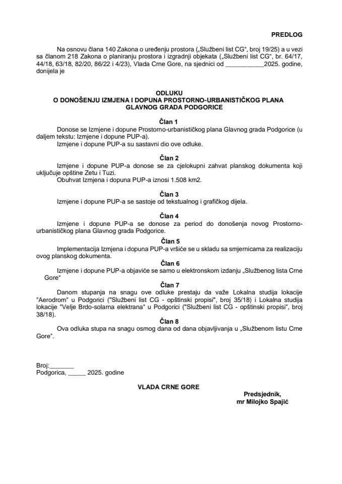 Predlog odluke o donošenju izmjena i dopuna Prostorno – urbanističkog plana Glavnog grada Podgorice