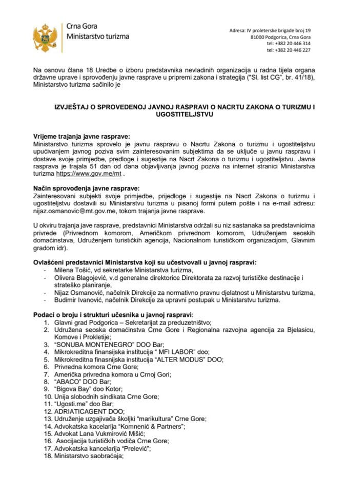 Izvještaj o sprovedenoj javnoj raspravi o Nacrtu Zakona o turizmu i ugostiteljstvu