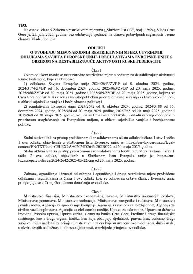 Odluka o uvođenju međunarodnih restriktivnih mjera utvrđenih odlukama Savjeta Evropske unije i regulativama Evropske unije s obzirom na destabilizirajuće aktivnosti Ruske Federacije – Prevod odluke i regulative EU