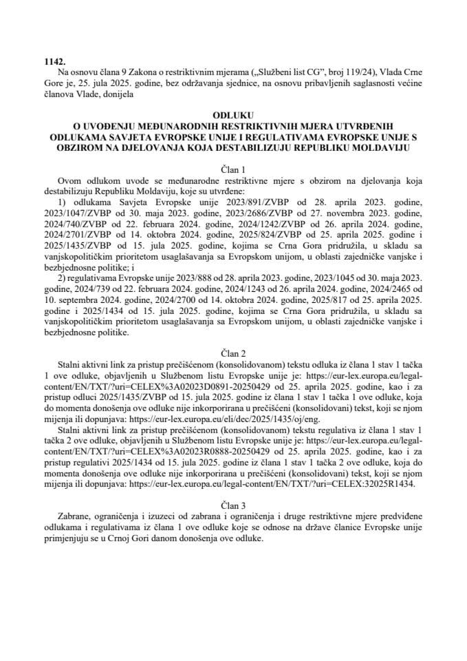 Odluka o uvođenju međunarodnih restriktivnih mjera utvrđenih odlukama Savjeta Evropske unije i regulativama Evropske unije s obzirom na djelovanja koja destabilizuju Republiku Moldaviju – prevod Odluke