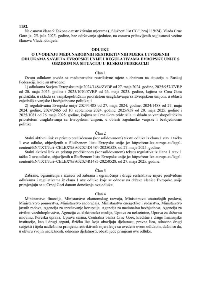 Odluka o uvođenju međunarodnih restriktivnih mjera utvrđenih odlukama Savjeta Evropske unije i regulativama Evropske unije s obzirom na situaciju u Ruskoj Federaciji – Prevod odluke i regulative EU