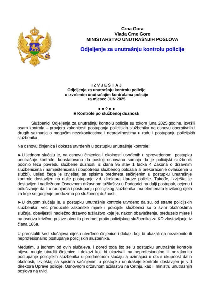 Izvještaj o postupanju po pritužbama i kontrolama za mjesec jun 2025. godine