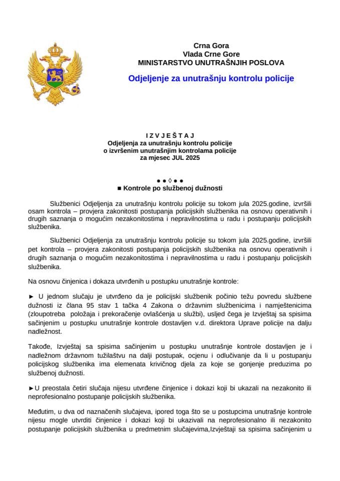 Izvještaj o postupanju po pritužbama i kontrolama za mjesec jul 2025. godine