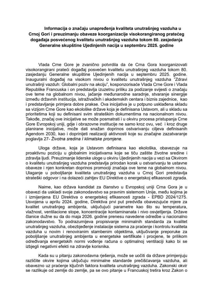 Informacija o značaju unapređenja kvaliteta unutrašnjeg vazduha u Crnoj Gori i preuzimanju obaveze koorganizacije visokorangiranog pratećeg događaja posvećenog kvalitetu unutrašnjeg vazduha