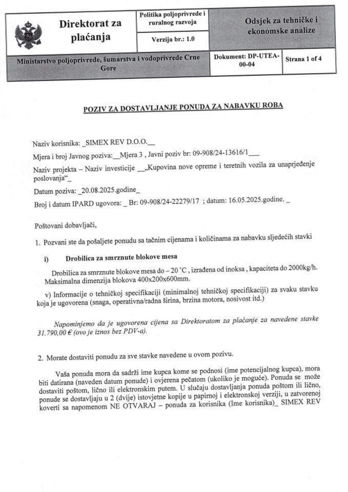 poziv za dostavljanje ponuda za nabavku roba - drobilica