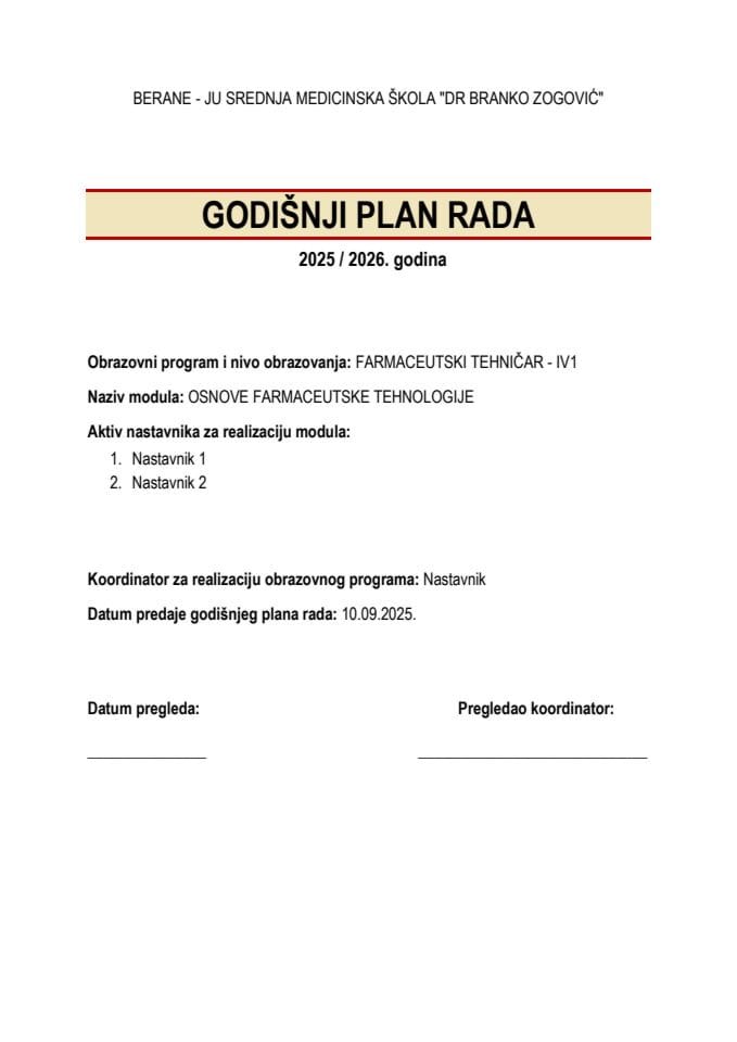 2025. Примјер Годишњег плана рада из медицине