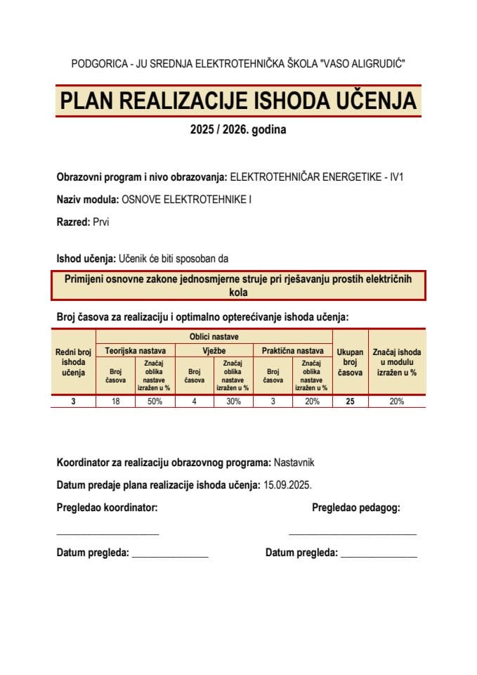 2025. Примјер Плана реализације исхода учења из електротехнике