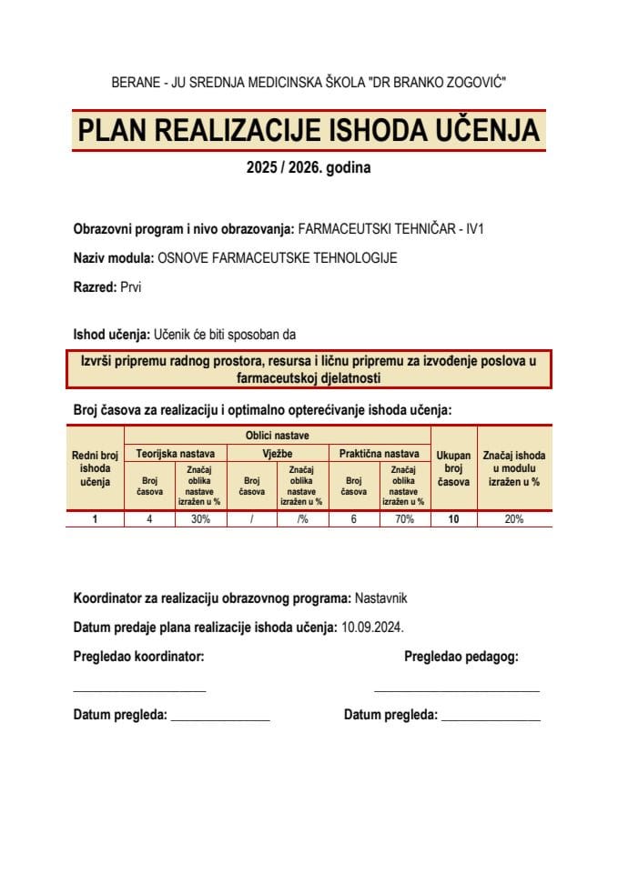 2025. Примјер Плана реализације исхода учења из медицине