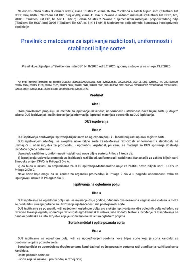 Pravilnik o metodama za ispitivanje različitosti, uniformnosti i stabilnosti biljne sorte