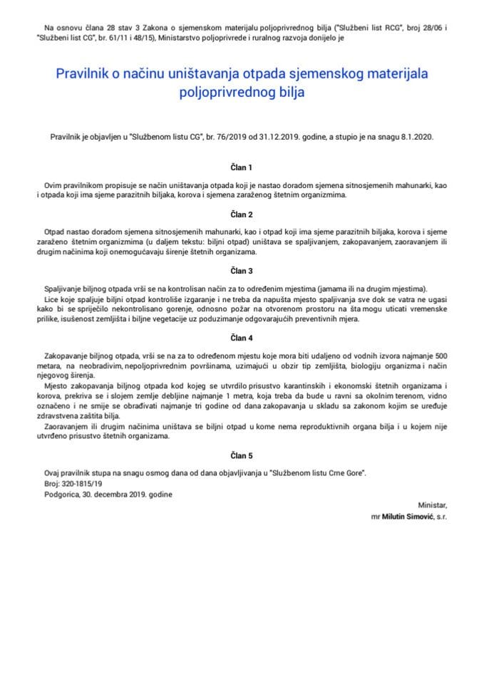Pravilnik o načinu uništavanja otpada sjemenskog materijala poljoprivrednog bilja