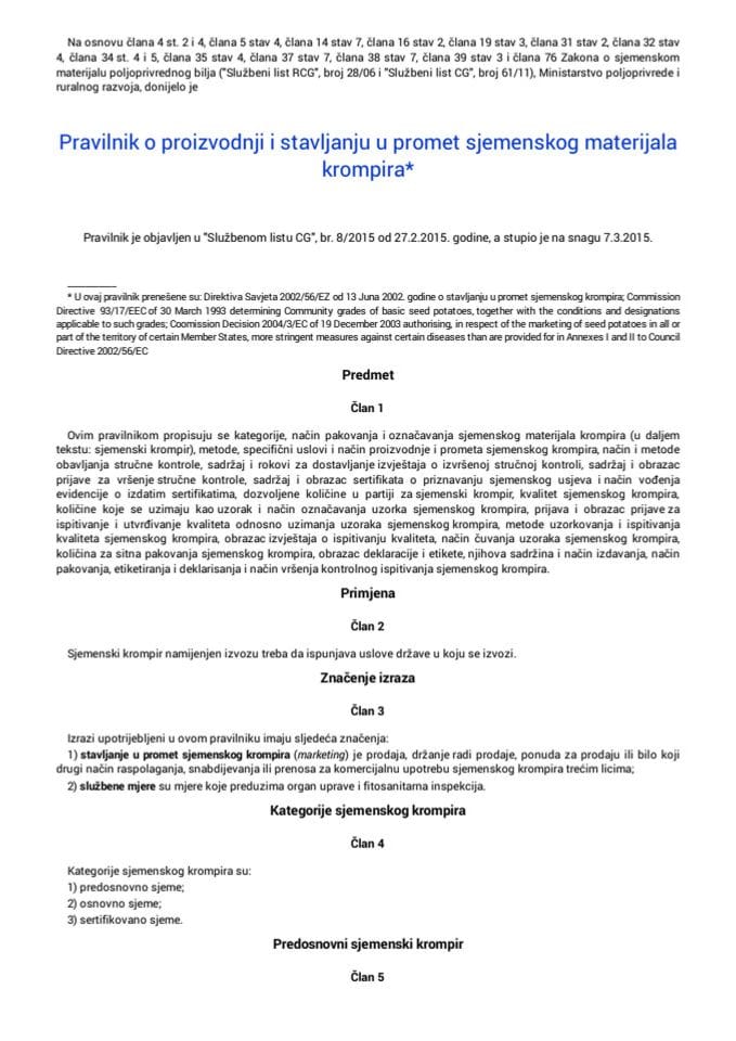Pravilnik o proizvodnji i stavljanju u promet sjemenskog materijala krompira