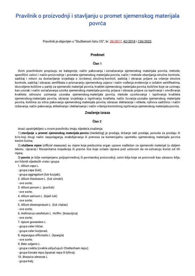 Pravilnik o proizvodnji i stavljanju u promet sjemenskog materijala povrća