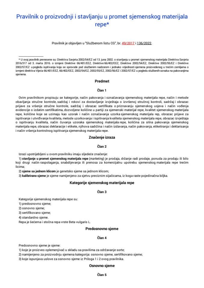 Pravilnik o proizvodnji i stavljanju u promet sjemenskog materijala repe