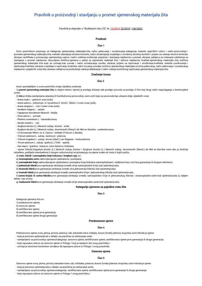 Pravilnik o proizvodnji i stavljanju u promet sjemenskog materijala žita