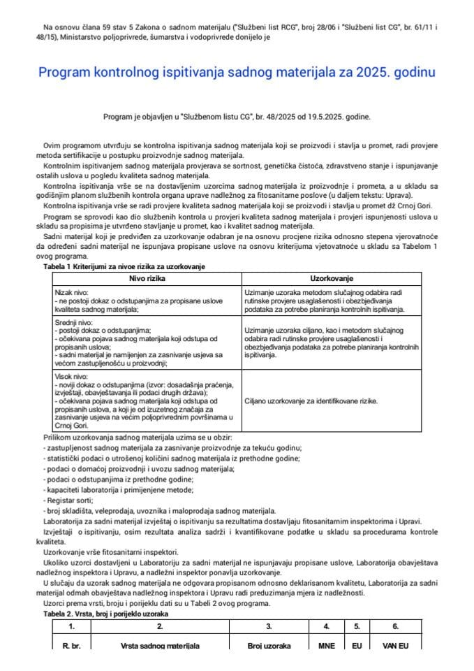 Програм контролног испитивања садног материјала за 2025. годину