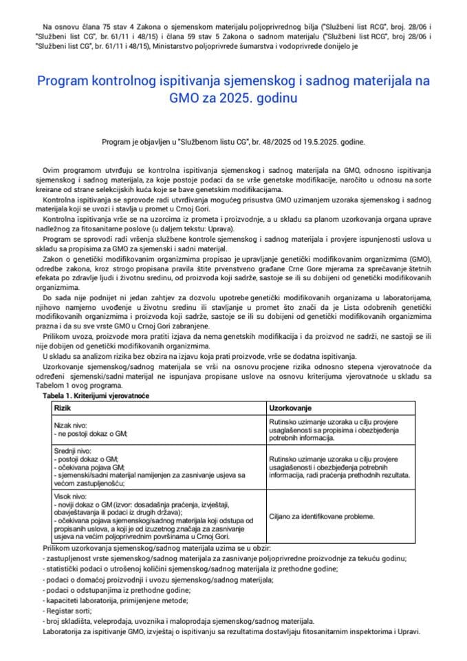 Програм контролног испитивања сјеменског и садног материјала на ГМО за 2025. годину
