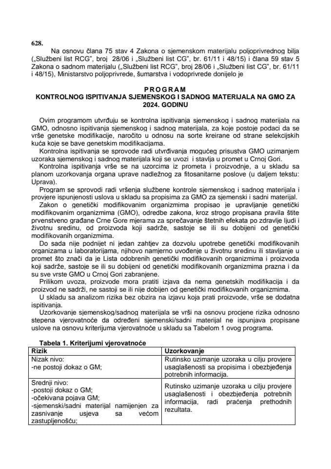 Програм контролног испитивања сјеменског и садног материјала на ГМО за 2024. годину