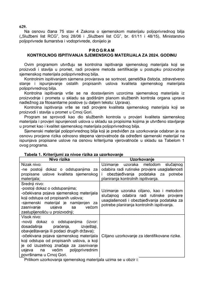 Програм контролног испитивања сјеменског материјала за 2024. годину