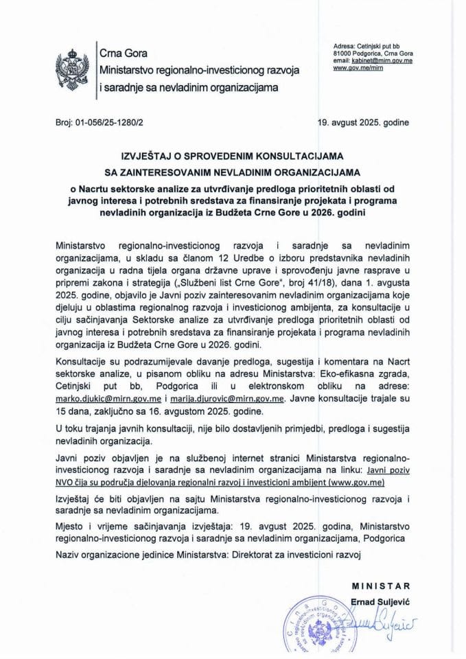 Izvještaj o sprovedenim konsultacijama sa zainteresovanim nevladinim organizacijama