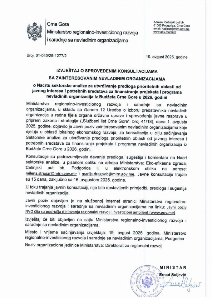 Izvještaj o sprovedenim konsultacijama sa zainteresovanim nevladinim organizacijama2