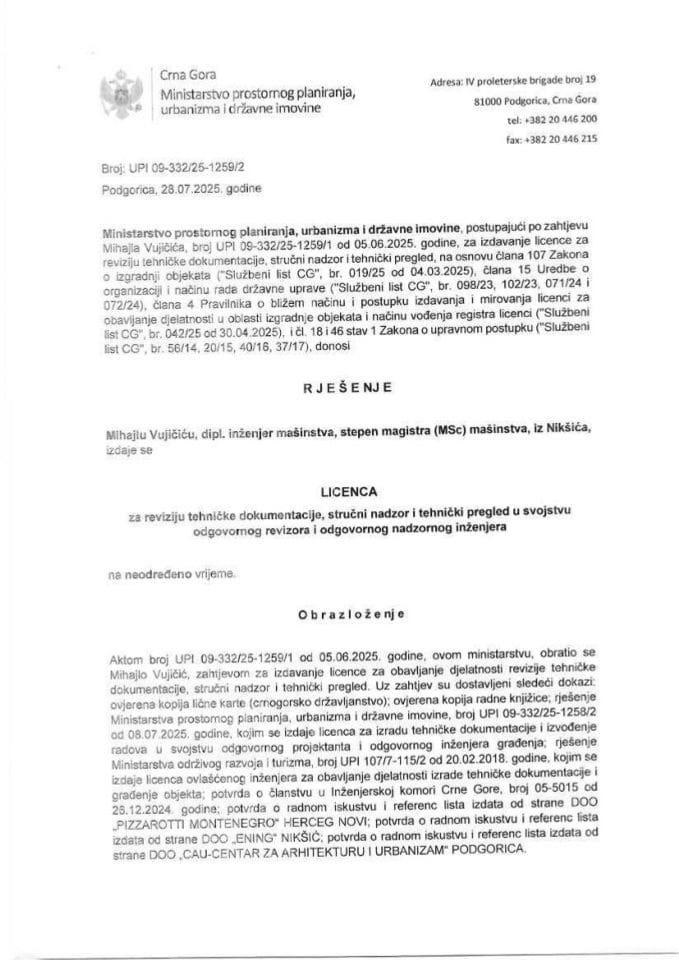 Licenca revizora za mašinsku djelatnost - UPI 09-332-25-1259-23 MIHAJLO VUJIČIĆ