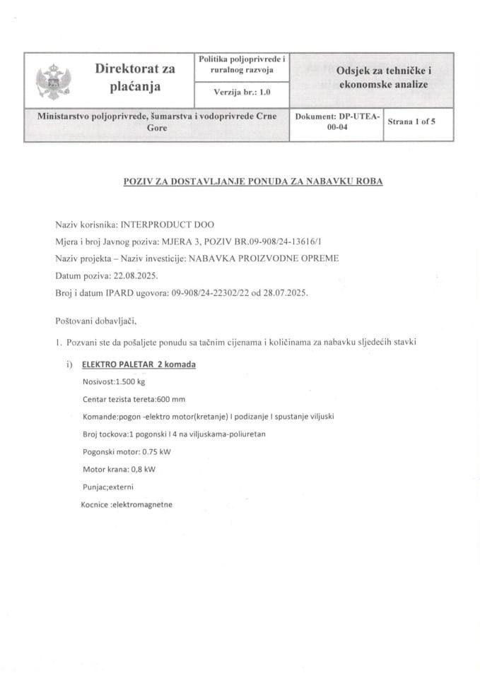 Poziv za dostavljanje ponuda - crnogorski