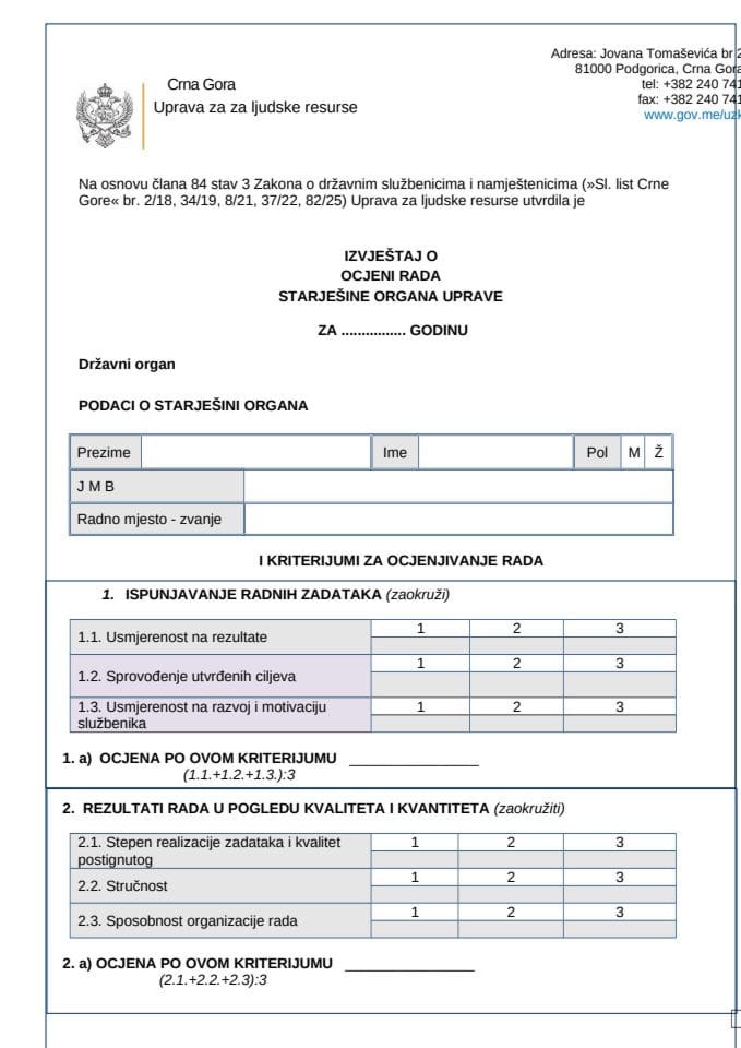 Извјештај о оцјени рада старјешине органа управе 2025