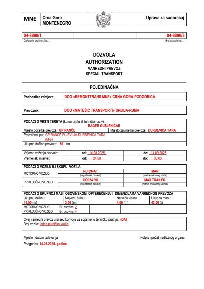 REMONTTRANS MNE 04-8890-MATEŠIĆ