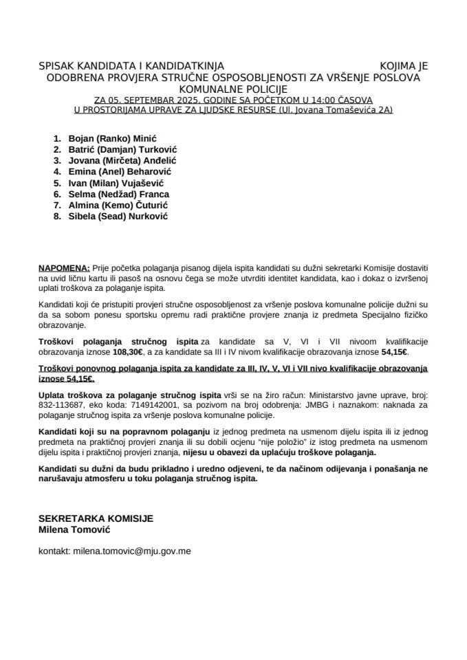 СПИСАК КАНДИДАТА - 5. СЕПТЕМБАР 2025.