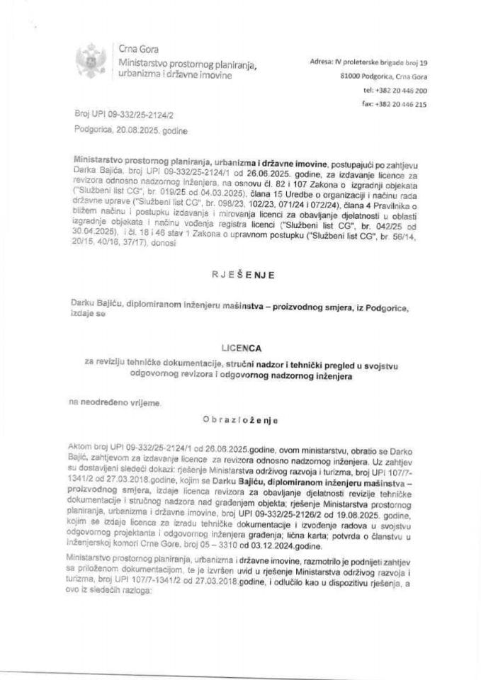 Licenca revizora za mašinsku djelatnost - UPI 09-332-25-2124-2 DARKO BAJIĆ