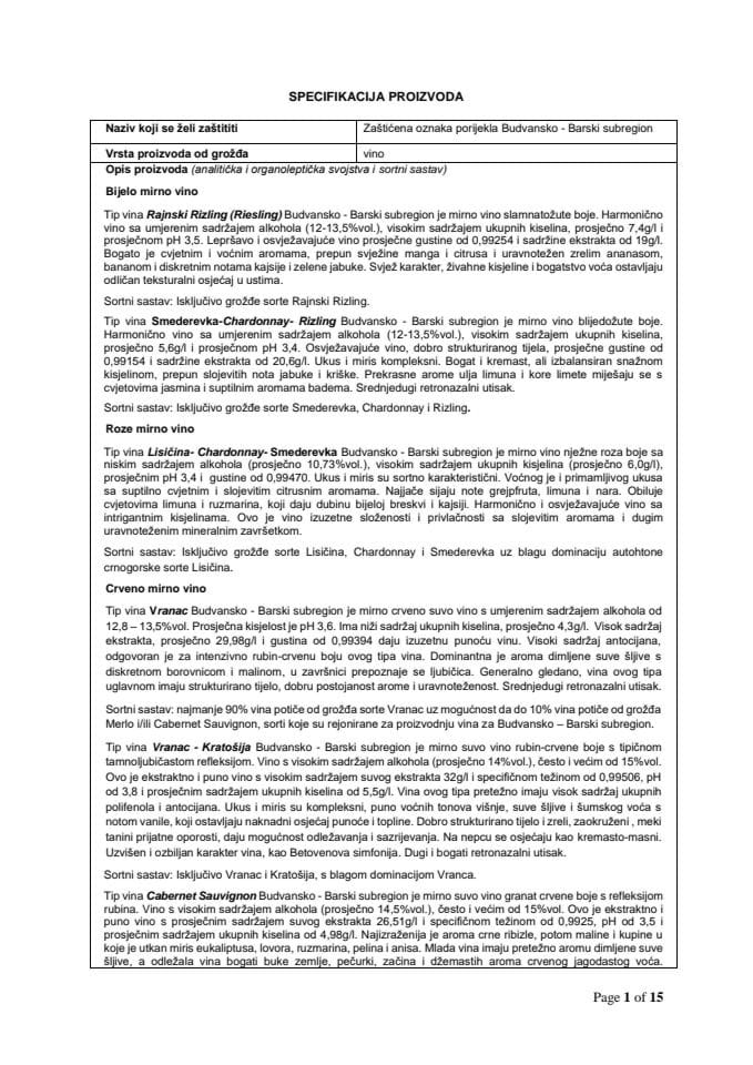 Specifikacija proizvoda za zštićenu oznaku porijekla vina Budvansko-Barski subregion