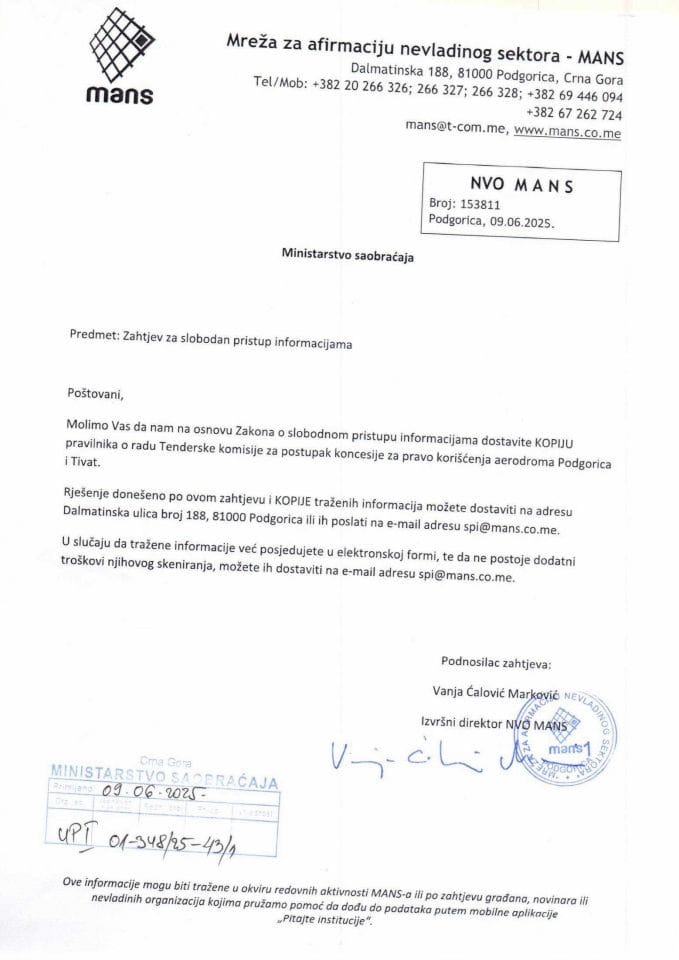 Rješenje o odobrenju pristupa kopiji Pravilnika o radu Tenderske komisije za postupak koncesije za pravo korišćenja aerodroma Podgorica i Tivat od 04.07.2025