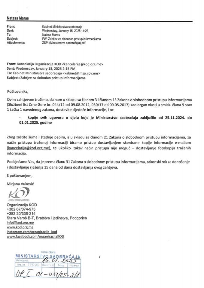 Rješenje o odobrenju pristupa informaciji o ugovorima o djelu zaključenim u periodu od 01.11.2024. do 01.01.2025 od 31.01.2025