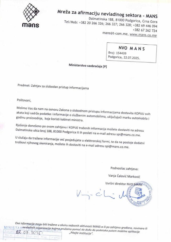 Rješenje o odobrenju pristupa informaciji o službenim automobilima koje koristi Kabinet Ministarstva saobraćaja od 14.08.2025