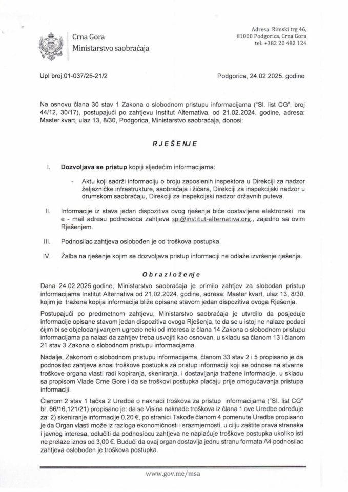 Rješenje o odobrenju pristupa informaciji o broju zaposlenih inspektora od 22.04.2025