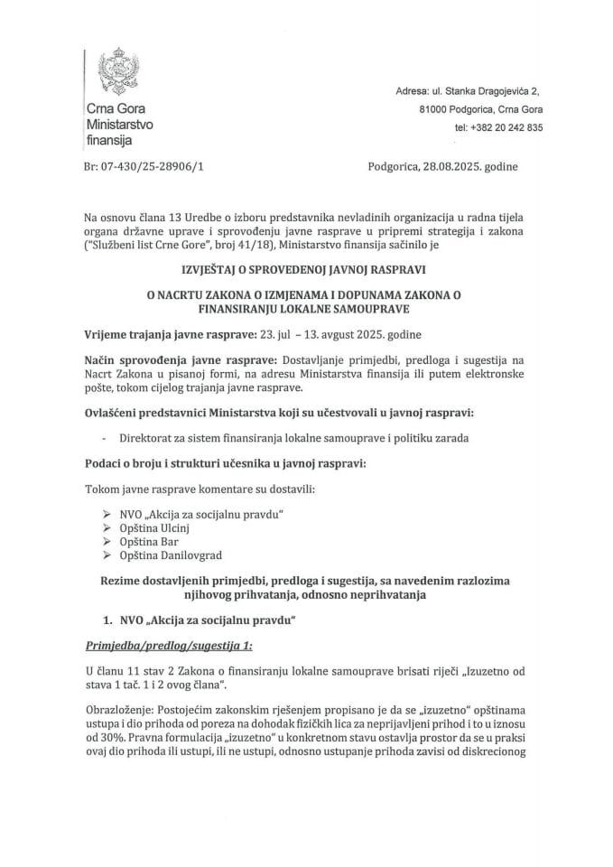 Izvještaj o sprovedenoj javnoj raspravi o Nacrtu Zakona o izmjenama i dopunama Zakona o finansiranju lokalne samouprave