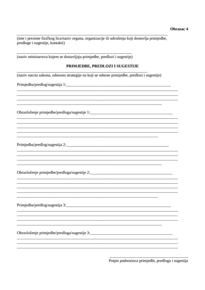 Obrazac za dostavljanje primjedbi, predloga i sugestija