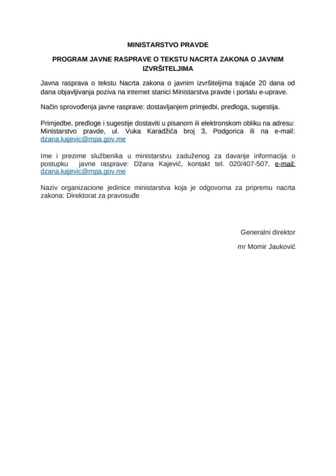 Program javne rasprave o tekstu Nacrta zakona o javnim izvršiteljima